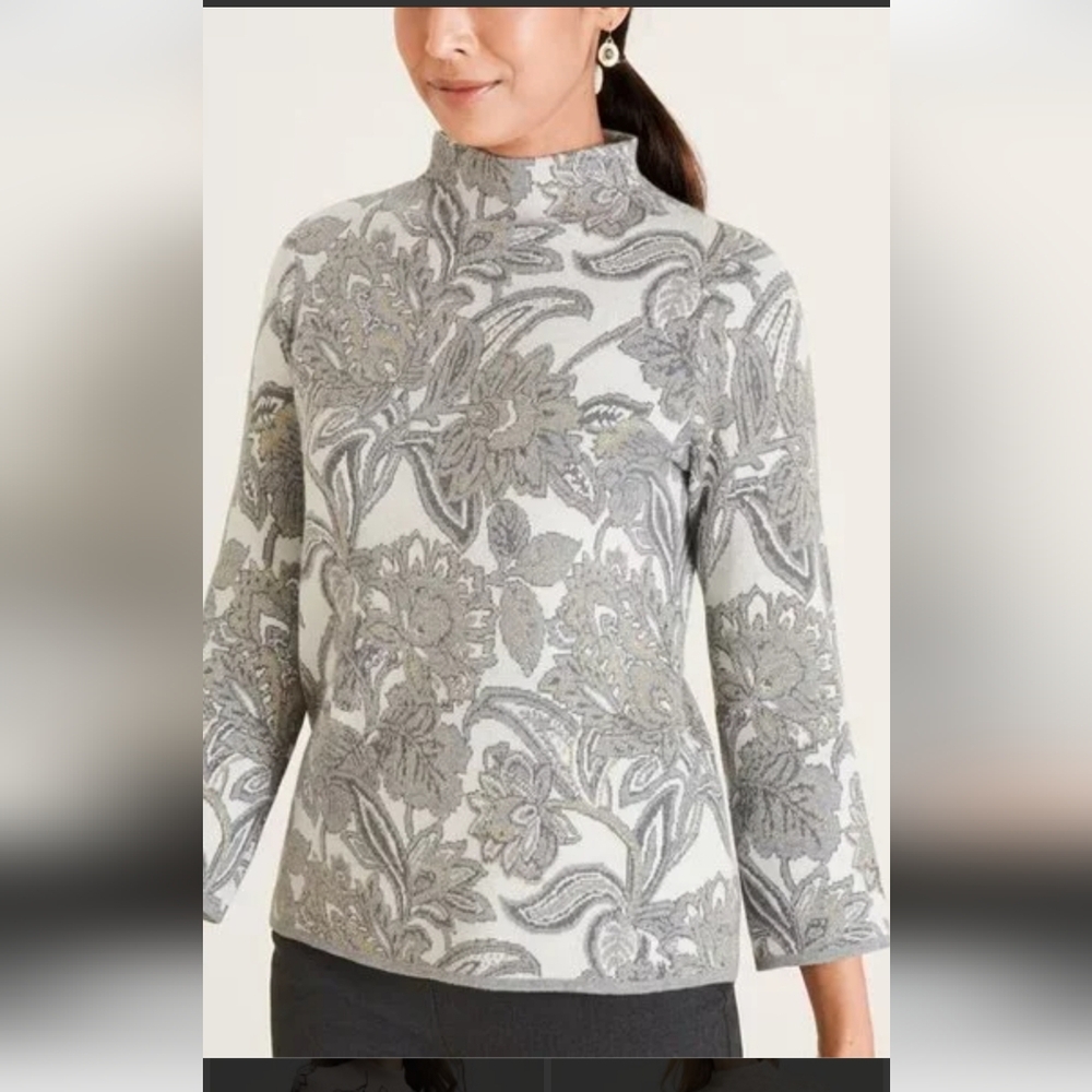 Chico's Metallic Floral Mock Neck Sweater - Gray and Gold.Size L